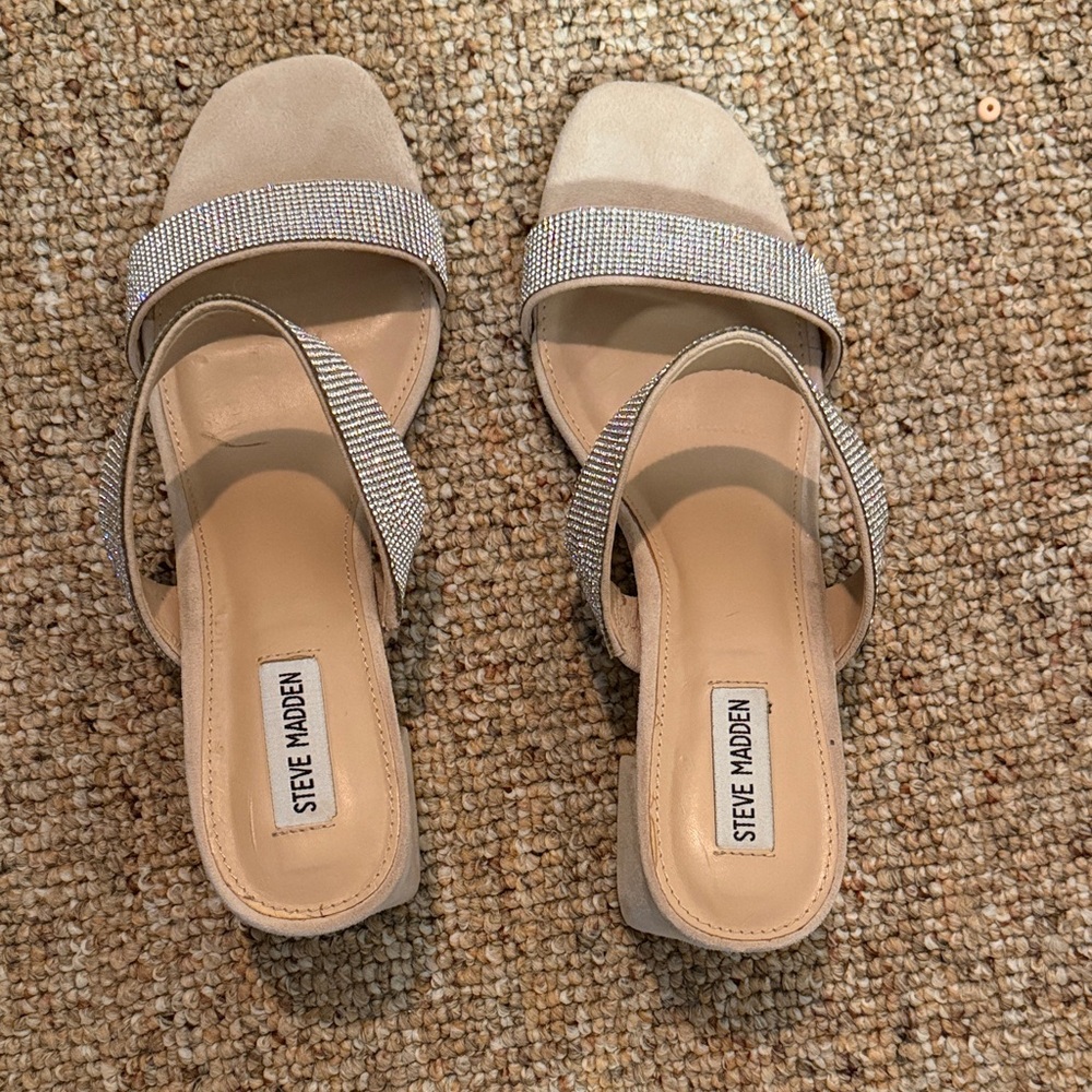 STEVE MADDEN Rhinestone 2 Strap Block Heel Sandals, 11